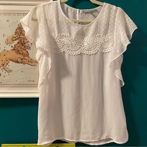 Daniel Rainn White Swiss Dot Flutter Short Sleeve Blouse - Size Small